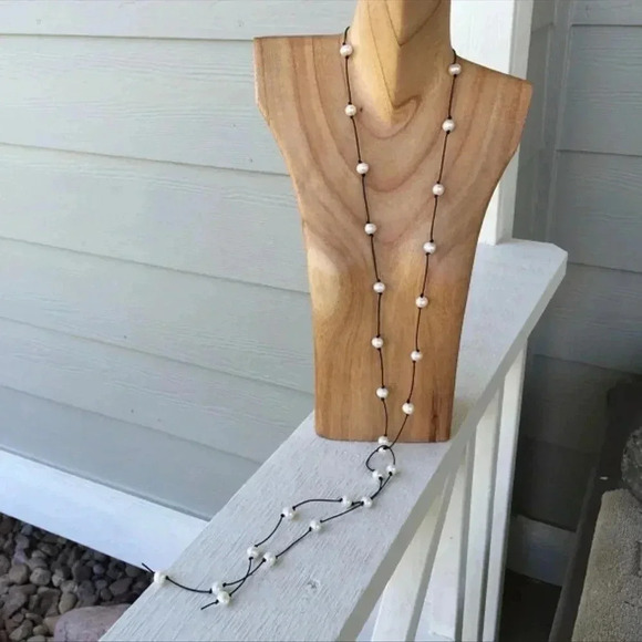 Leather and Pearls,White Cultured Freshwater Pearls ,June Birthday, - Picture 3 of 6